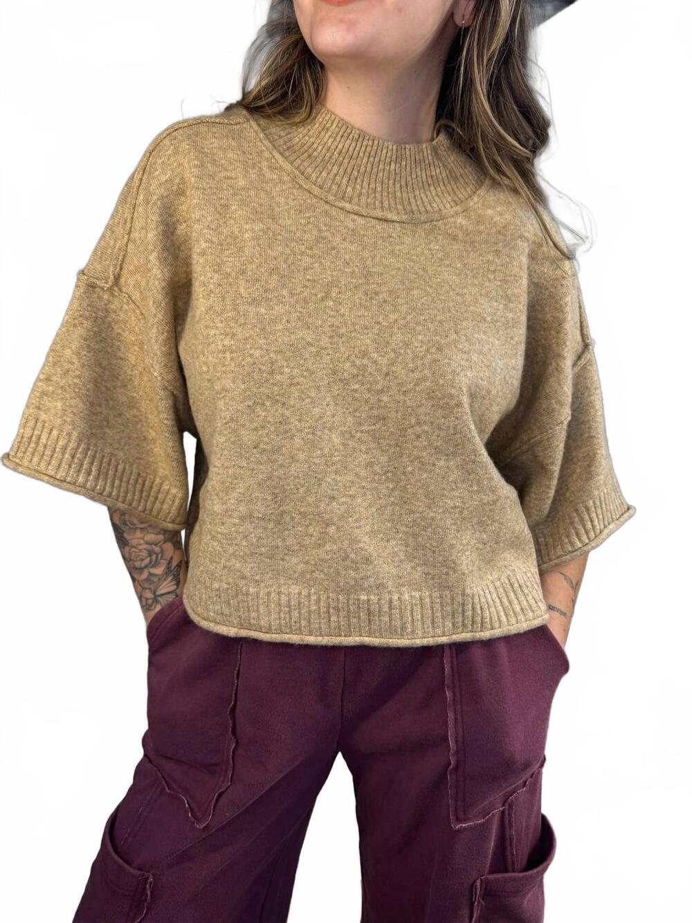 NEW &MERCI morgan mock neck short sleeve cropped sweater top in mocha mousse